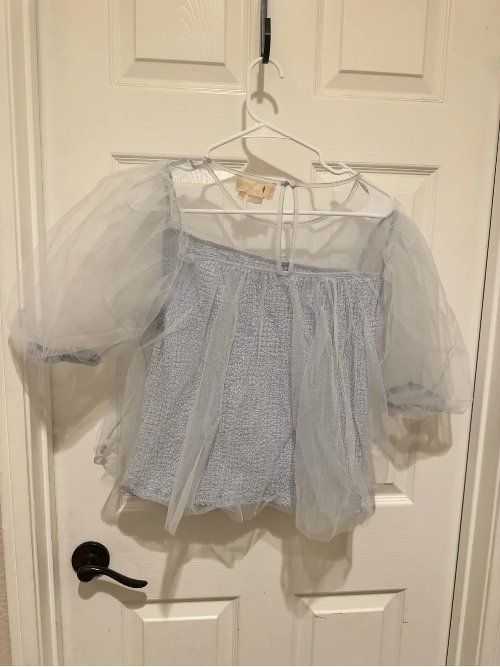 Anthropologie Grey Sheer Puff-Sleeve Mesh Blouse